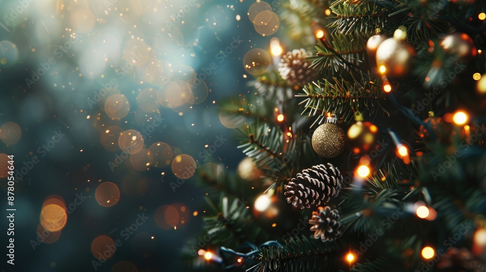 Festive Christmas tree with lights and decorations empty space for text with blurred background Festive Christmas tree with lights and decorations empty space for text with blurred background