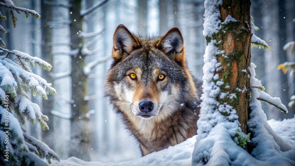 A lone wolf lurks behind snow-covered trees, its piercing yellow eyes fixed on an unseen prey in the misty forest. A lone wolf lurks behind snow-covered trees, its piercing yellow eyes fixed on an unseen prey in the misty forest.