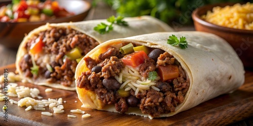 Close-up of Beef and Black Bean Burrito with Rice, Ground Beef, black beans, tomato, onion, and cilantro, Mexican Food, burrito, ground beef, black beans, rice