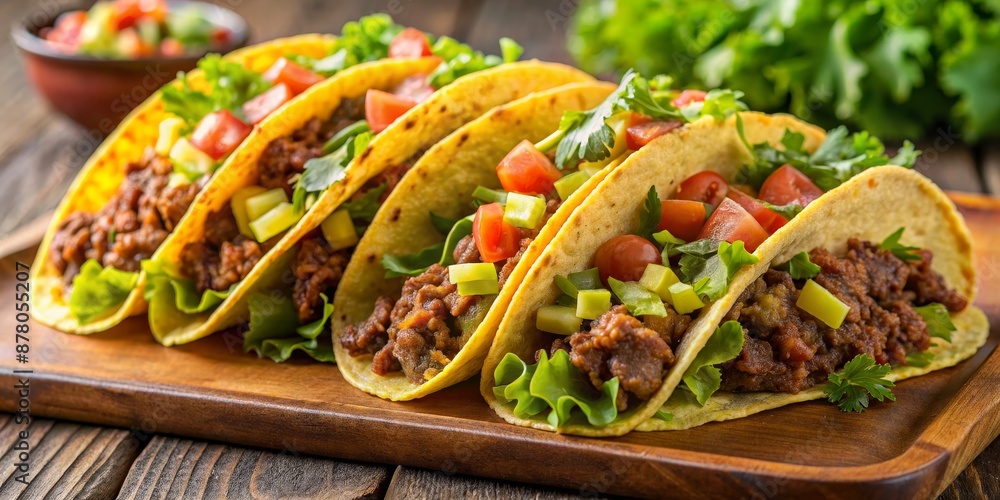 Close-up of Delicious Beef Tacos with Tomatoes and Cilantro on a Wooden Cutting Board, mexican food, street food, taco tuesday, dinner