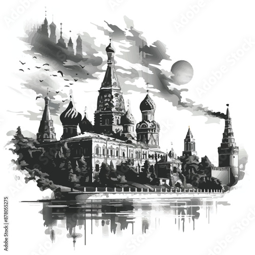 A black and white moscow, russia vector art logo design
