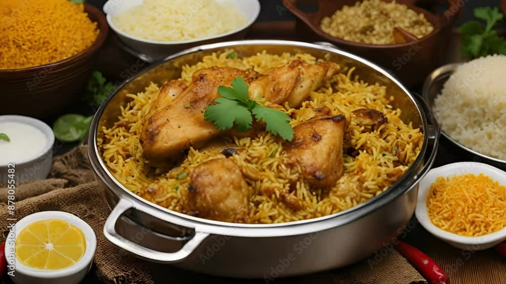 Chicken Biryani with Fragrant Basmati and Exotic Spices, food stock video, biryani video, festival food, seamless looping, 4k video looping, dinner stock videos, food recipes, youtube videos, stock ai Chicken Biryani with Fragrant Basmati and Exotic Spices, food stock video, biryani video, festival food, seamless looping, 4k video looping, dinner stock videos, food recipes, youtube videos, stock ai