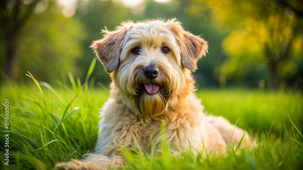 Adorable fluffy Soft Coated Wheaten Terrier dog with silky golden coat and big brown eyes playing in a green meadow alone. Adorable fluffy Soft Coated Wheaten Terrier dog with silky golden coat and big brown eyes playing in a green meadow alone.