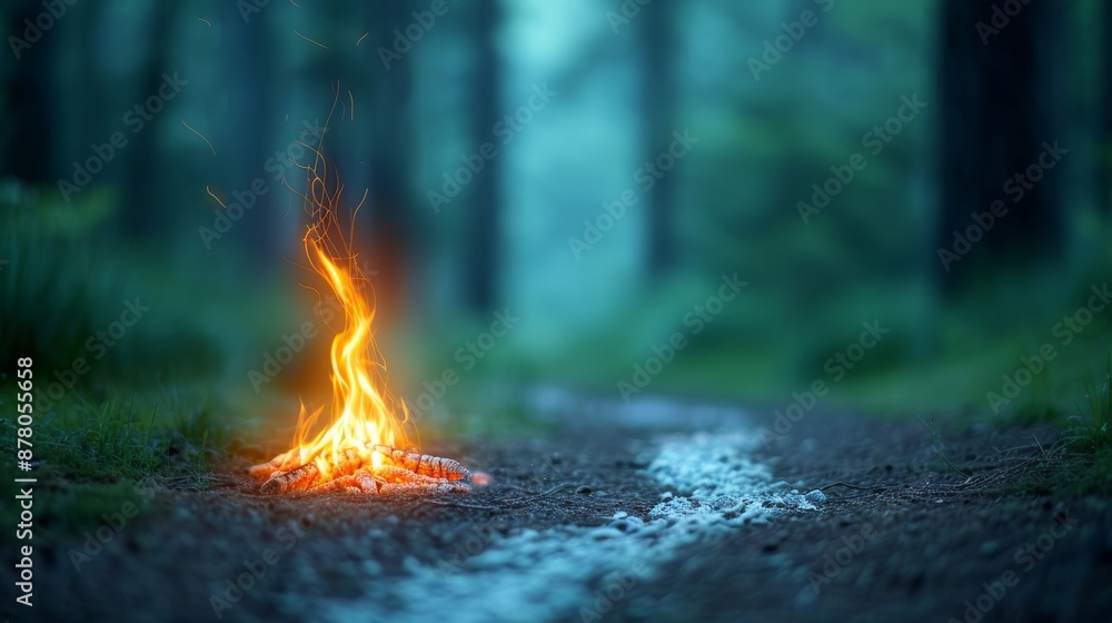 Small campfire burning in the middle of a forest path surrounded by lush greenery, casting a warm glow in the serene woodland setting. Small campfire burning in the middle of a forest path surrounded by lush greenery, casting a warm glow in the serene woodland setting.