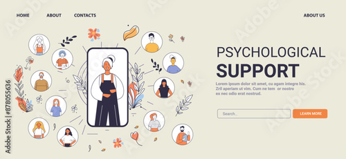 Psychological support concept diverse people connected online surrounded by decorative elements and plants website design template