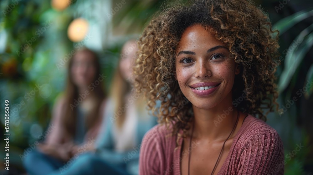 Smiling woman with curly hair in a cozy indoor setting, with blurred people in the background, exuding warmth and positivity. Smiling woman with curly hair in a cozy indoor setting, with blurred people in the background, exuding warmth and positivity.