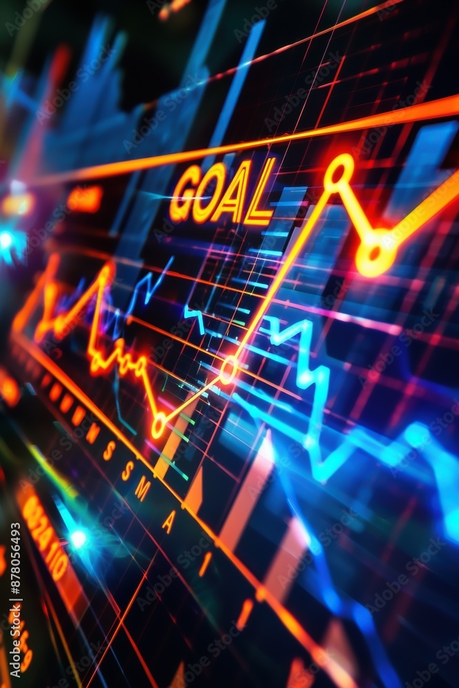 A vibrant and dynamic financial chart with colorful lines showing rising data and the word A vibrant and dynamic financial chart with colorful lines showing rising data and the word