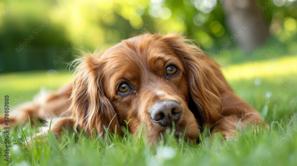 A golden retriever dog lies on the grass, looking up with soulful eyes, surrounded by a bright and lush outdoor setting A golden retriever dog lies on the grass, looking up with soulful eyes, surrounded by a bright and lush outdoor setting
