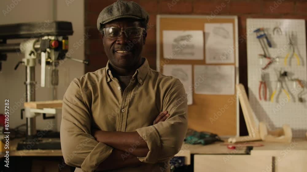Portrait of senior Black carpenter in safety goggles folding arms and smiling at camera while posing in woodworking workshop Portrait of senior Black carpenter in safety goggles folding arms and smiling at camera while posing in woodworking workshop