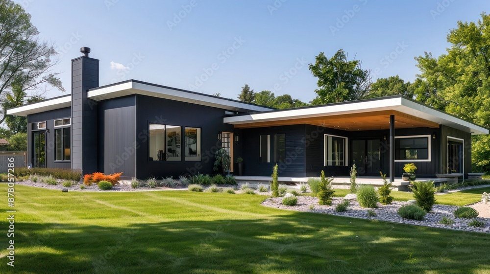 Modern ranch with a bold, matte black exterior and contrasting white trim, set against a professionally landscaped yard Modern ranch with a bold, matte black exterior and contrasting white trim, set against a professionally landscaped yard