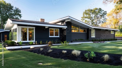 Modern ranch with a bold, matte black exterior and contrasting white trim, set against a professionally landscaped yard