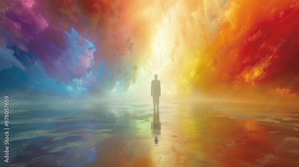Radiant Awakening - Person surrounded by glowing aura in surreal ethereal setting with vibrant colors, concept of enlightenment and spiritual growth. Radiant Awakening - Person surrounded by glowing aura in surreal ethereal setting with vibrant colors, concept of enlightenment and spiritual growth.