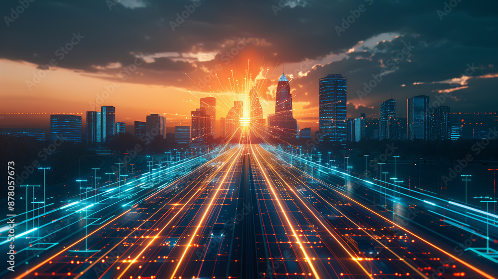 Digital Futuristic City with Light Trails and Sunset Sky Digital Futuristic City with Light Trails and Sunset Sky