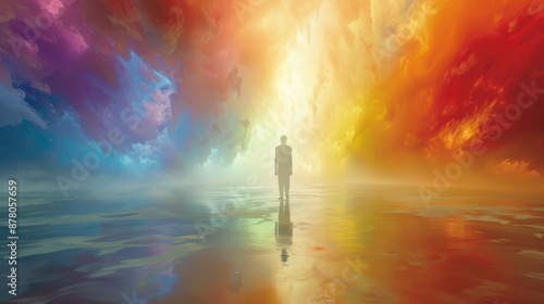 Radiant Awakening - Person surrounded by glowing aura in surreal ethereal setting with vibrant colors, concept of enlightenment and spiritual growth.