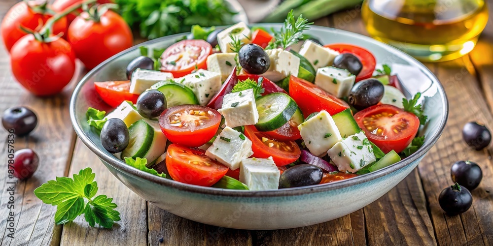Fresh Greek Salad with Feta Cheese in a Bowl on a Rustic Wooden Table, greek salad, feta cheese, mediterranean, healthy food, Fresh Greek Salad with Feta Cheese in a Bowl on a Rustic Wooden Table, greek salad, feta cheese, mediterranean, healthy food,