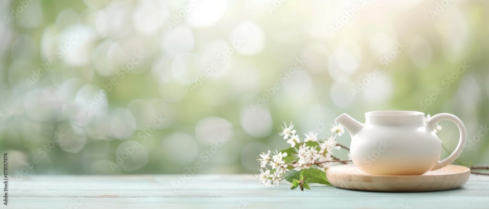 White teapot with flowers on a wooden table in a serene outdoor setting, bathed in soft natural sunlight. White teapot with flowers on a wooden table in a serene outdoor setting, bathed in soft natural sunlight.