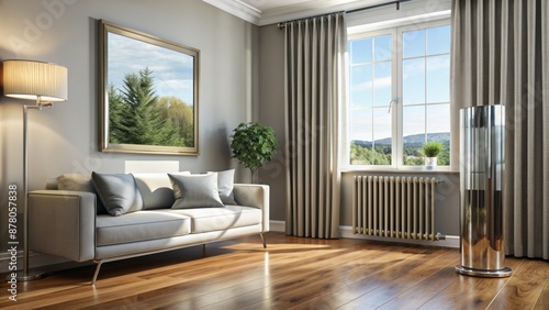 Ultra-detailed  photorealistic rendering of a sleek  silver modern radiator adorned with a precise TRV thermostatic radiator valve in a cozy living room.
