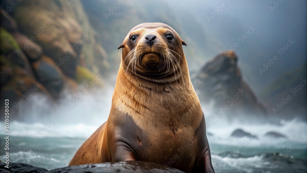 Obraz premium Hyper-realistic portrait of a majestic Steller sea lion, Eumetopias jubatus, showcasing dewy whiskers and piercing brown eyes in misty ambiance.