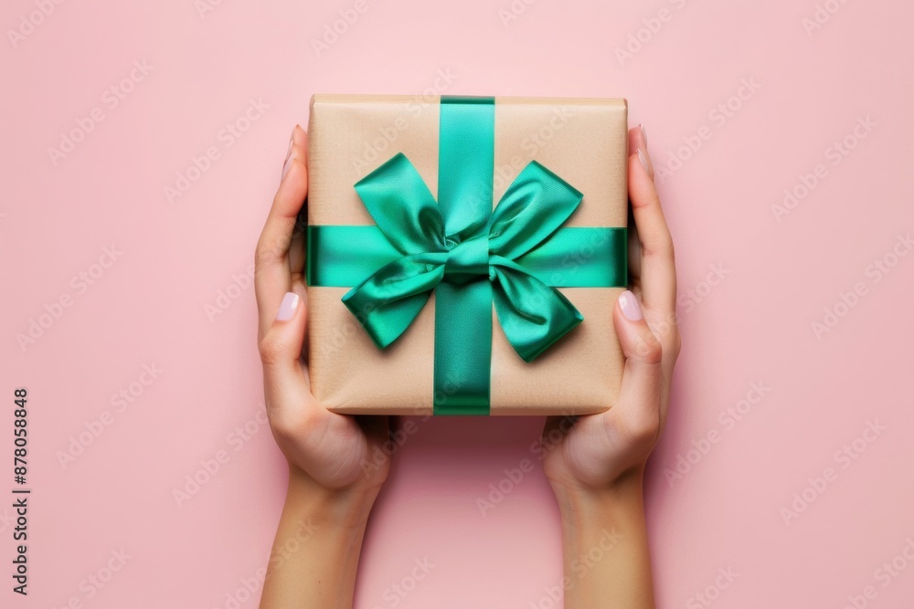 Hands holding a birthday gift box adorned with a green bow Hands holding a birthday gift box adorned with a green bow