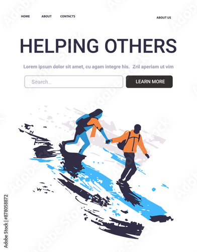 Helping Others Mental Health Concept two people hiking on a mountain one helping the other up abstract background website design