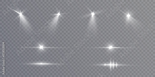 Set of bright spotlight light. Isolated on transparent background. Solar flare with rays and glare on a transparent PNG background. Bright glow light effect. Vector illustration.