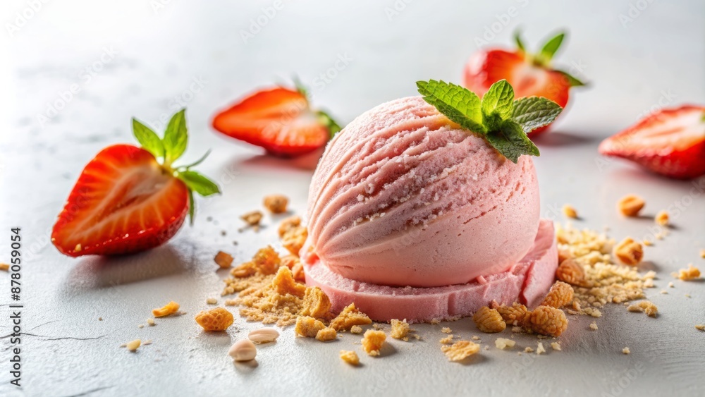 Freshly scooped velvety pink ice cream sits alone on a crisp white background, surrounded by scattered strawberry slices and crumbs. Freshly scooped velvety pink ice cream sits alone on a crisp white background, surrounded by scattered strawberry slices and crumbs.