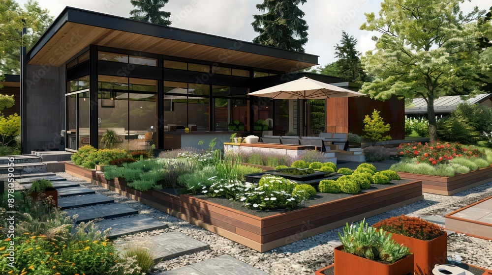 Modern ranch with a custom-designed, modular garden that allows for seasonal changes and easy maintenance Modern ranch with a custom-designed, modular garden that allows for seasonal changes and easy maintenance