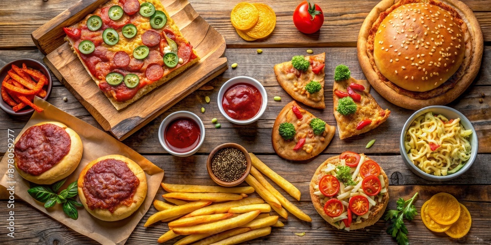 Pizza and Burger Variety on Rustic Wooden Table, Food Photography, Flat Lay, Delicious, Italian, Pizza, Burger, Food, Flatlay Pizza and Burger Variety on Rustic Wooden Table, Food Photography, Flat Lay, Delicious, Italian, Pizza, Burger, Food, Flatlay