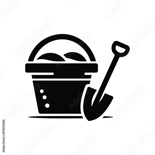 Black and White Icon of Bucket and Spade - Perfect for Summer Beach Activities, Kids Play, and Vacation Graphics