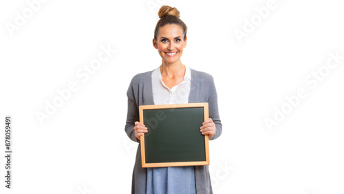 Happy Teacher Holding Blank Chalkboard For Back To School photo