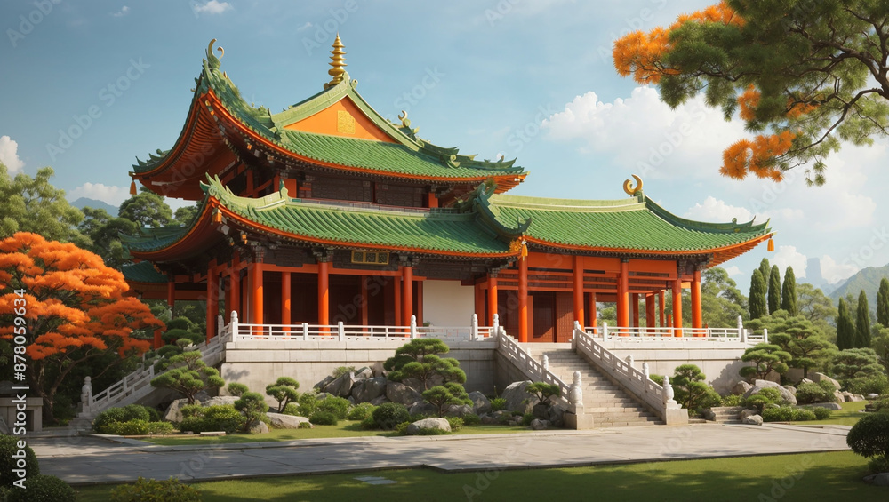 The image shows a traditional Chinese-style temple with a multi-tiered roof, surrounded by trees and a garden.
The image shows a traditional Chinese-style temple with a multi-tiered roof, surrounded by trees and a garden.