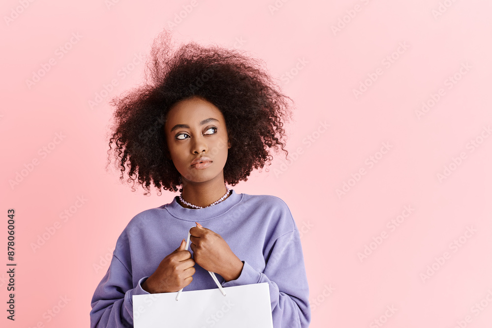 Stylish young African American lady with curly hair holding a shopping bag, showcasing fashion and glamour. Stylish young African American lady with curly hair holding a shopping bag, showcasing fashion and glamour.