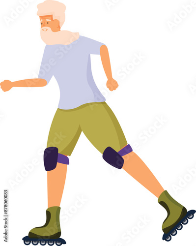 Elderly man is roller skating while wearing protective gear