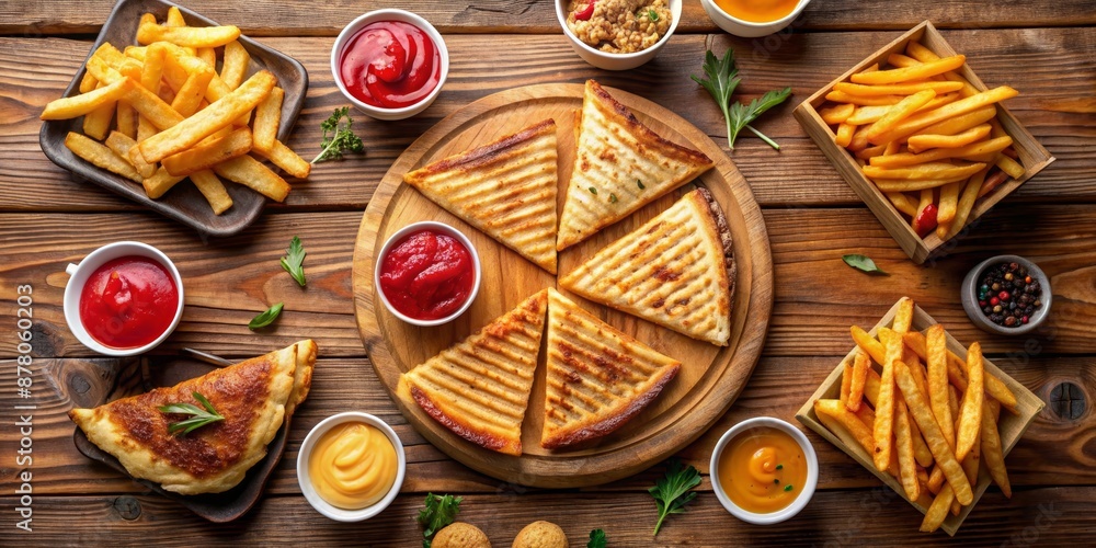 Top View of Fried Triangle Shaped Pastries, French Fries, and Sauces on Rustic Wooden Background, food , snack , appetizer , meal Top View of Fried Triangle Shaped Pastries, French Fries, and Sauces on Rustic Wooden Background, food , snack , appetizer , meal