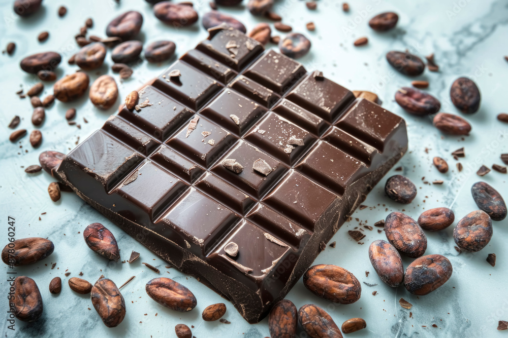 Artistic arrangement of cocoa beans and chocolate bars on a marble countertop, combining raw and processed forms of cocoa. Artistic arrangement of cocoa beans and chocolate bars on a marble countertop, combining raw and processed forms of cocoa.
