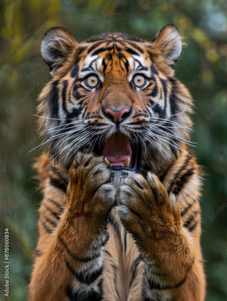 Fototapeta premium A very surprised and shocked tiger with its mouth open and paws touching its head. Funny inspired animal