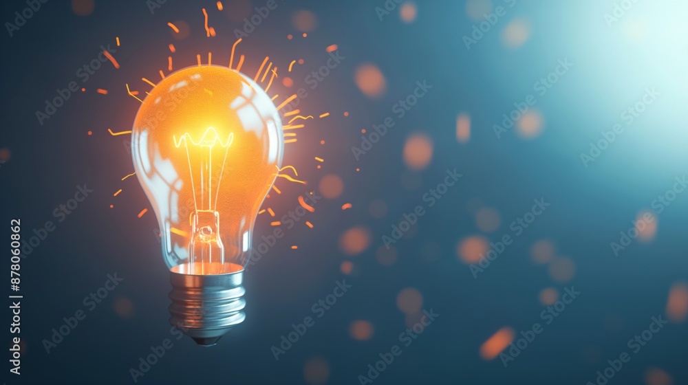 Illustration of a bright light bulb with a glowing filament is shown against a dark blue background with sparkles. Illustration of a bright light bulb with a glowing filament is shown against a dark blue background with sparkles.