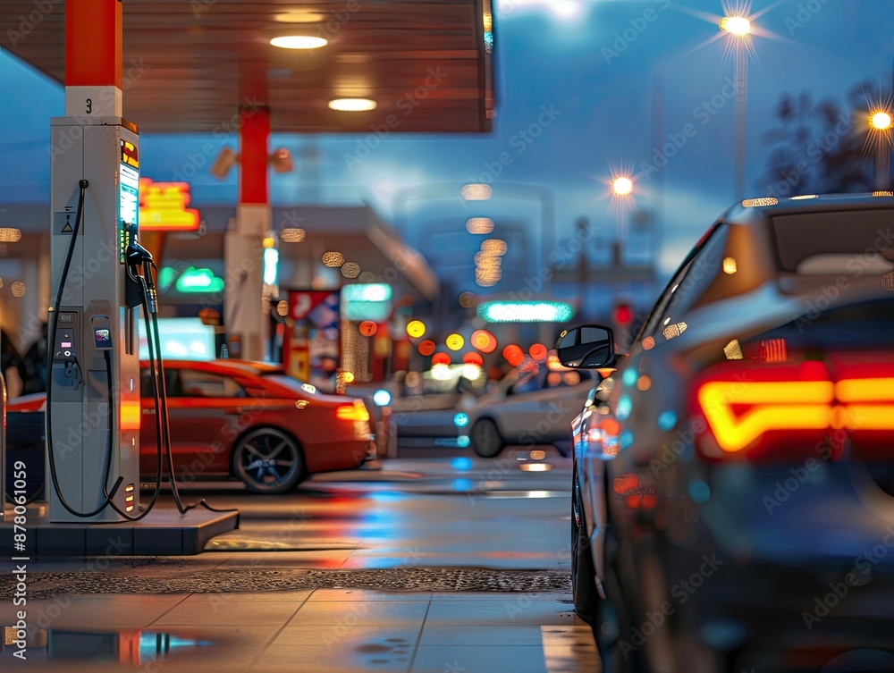 A busy gas station with multiple vehicles refueling, while people bustle about in the background. The scene is lit with bright sunlight on a bustling day. A busy gas station with multiple vehicles refueling, while people bustle about in the background. The scene is lit with bright sunlight on a bustling day.
