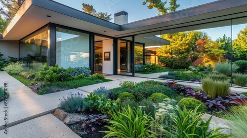 Modern ranch with a front garden that includes a series of large, freestanding mirrors to reflect the garden and create a sense of expanded space © Abdul