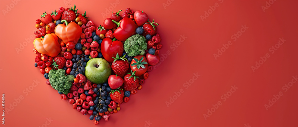 Fruit and vegetable heart shapes on a light red background, concept of healthy eating or dieting for good health with copy space