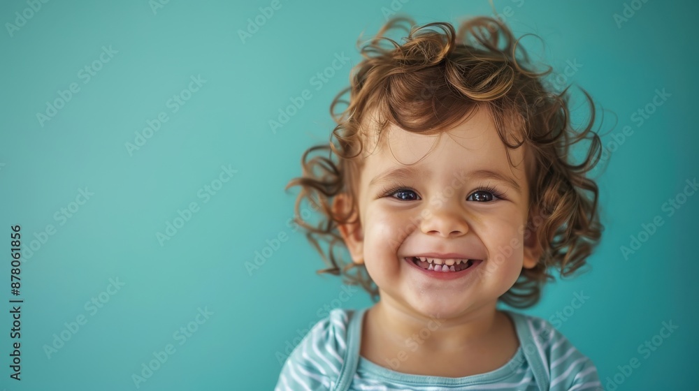 A high-resolution image of a smiling young child, set against a solid turquoise background. The clear, natural lighting enhances the sharp details and vibrant colors, creating a joyful and lively A high-resolution image of a smiling young child, set against a solid turquoise background. The clear, natural lighting enhances the sharp details and vibrant colors, creating a joyful and lively