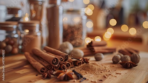 Fototapeta Naklejka Na Ścianę i Meble -  A close-up of cinnamon sticks, nutmeg, cloves, and vanilla pods arranged on a wooden kitchen countertop.