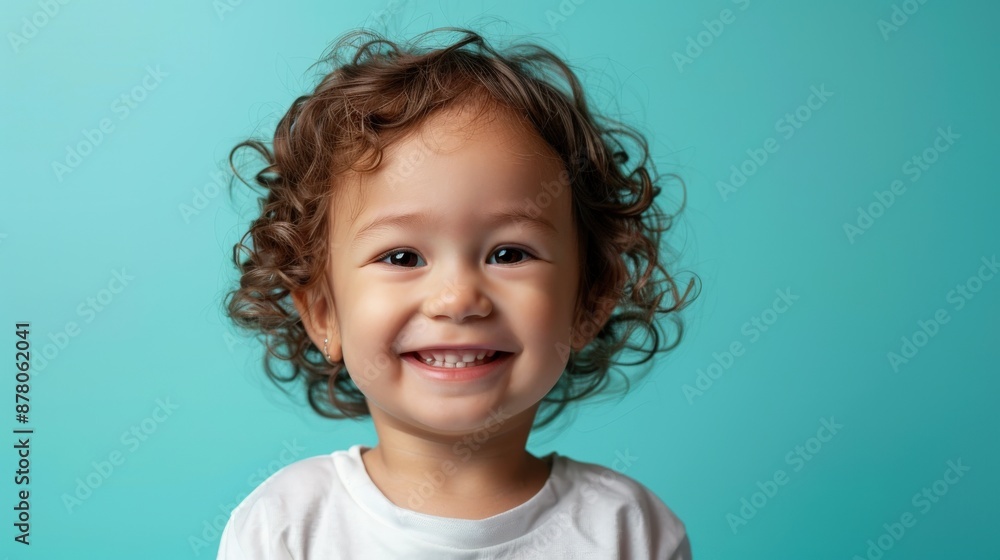 A high-resolution image of a smiling young child, set against a solid turquoise background. The clear, natural lighting enhances the sharp details and vibrant colors, creating a joyful and lively A high-resolution image of a smiling young child, set against a solid turquoise background. The clear, natural lighting enhances the sharp details and vibrant colors, creating a joyful and lively