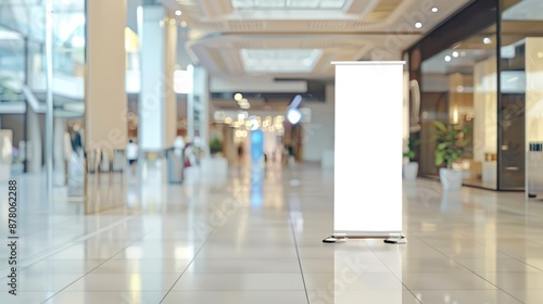 Blank roll up banner design mockup, background blurred public place © Achmad Khoeron