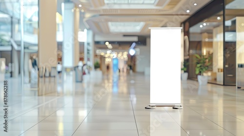 Blank roll up banner design mockup, background blurred public place