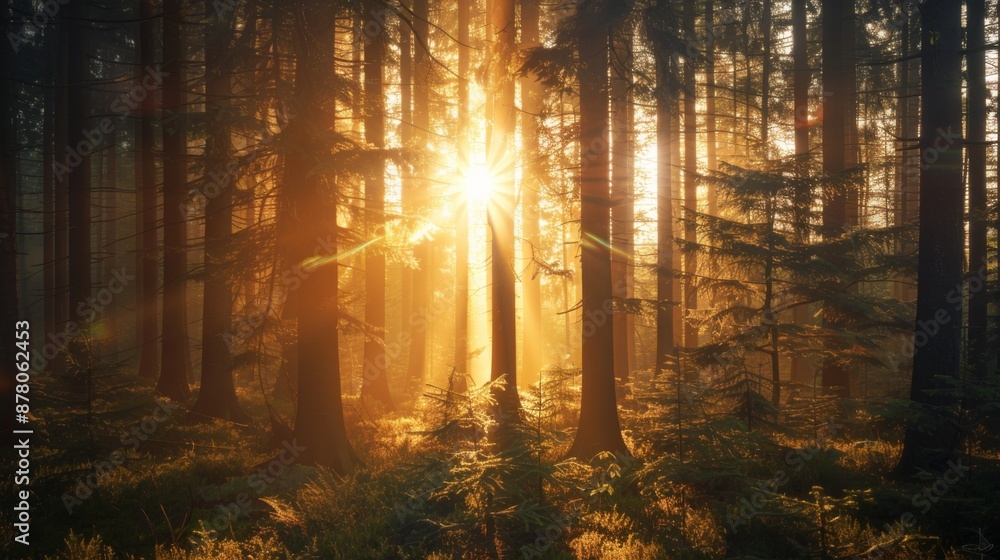 Sunlight penetrates the silhouette of trees, AI generated Image Sunlight penetrates the silhouette of trees, AI generated Image
