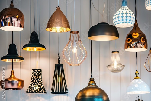 Modern pendant lights, vintage light bulb in modern house interior. Hanging ceiling light in a lighting store for home, office. Various decorative metal and glass geometric lamps. Suspended chandelier