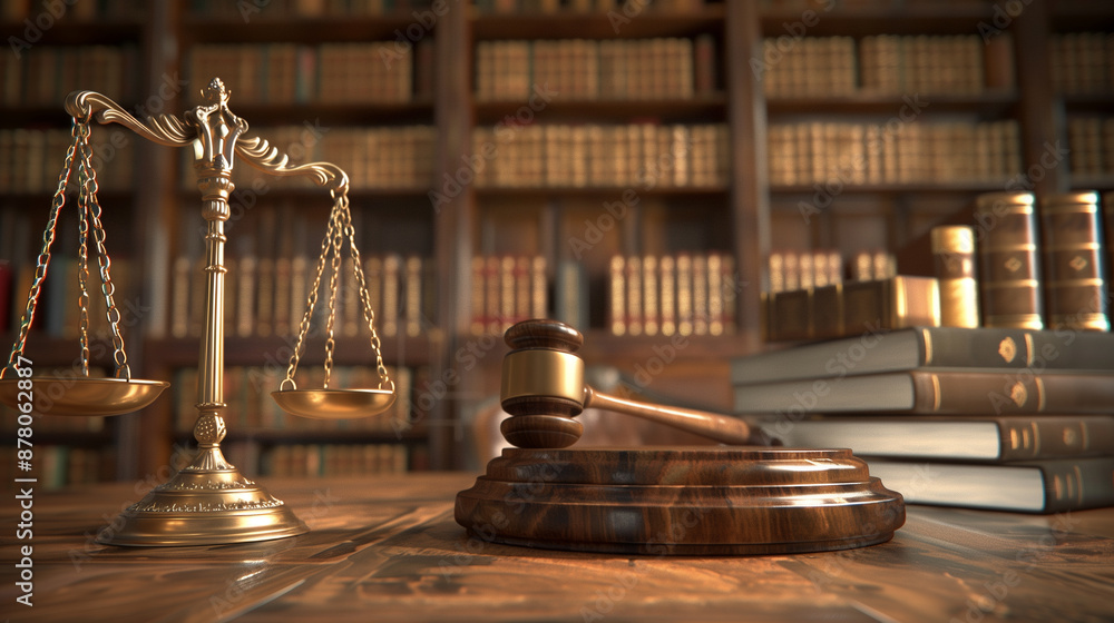 Legal office with scales of justice, gavel, and law books on a wooden desk Legal office with scales of justice, gavel, and law books on a wooden desk