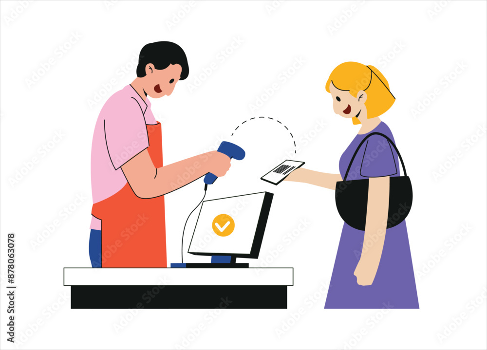 Digital Payment Concept Illustration. Woman making Payment using QR Code Scan Illustration Digital Payment Concept Illustration. Woman making Payment using QR Code Scan Illustration