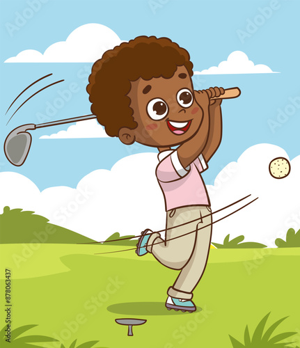 Cute little African boy playing golf ready to hit ball aiming at the hole